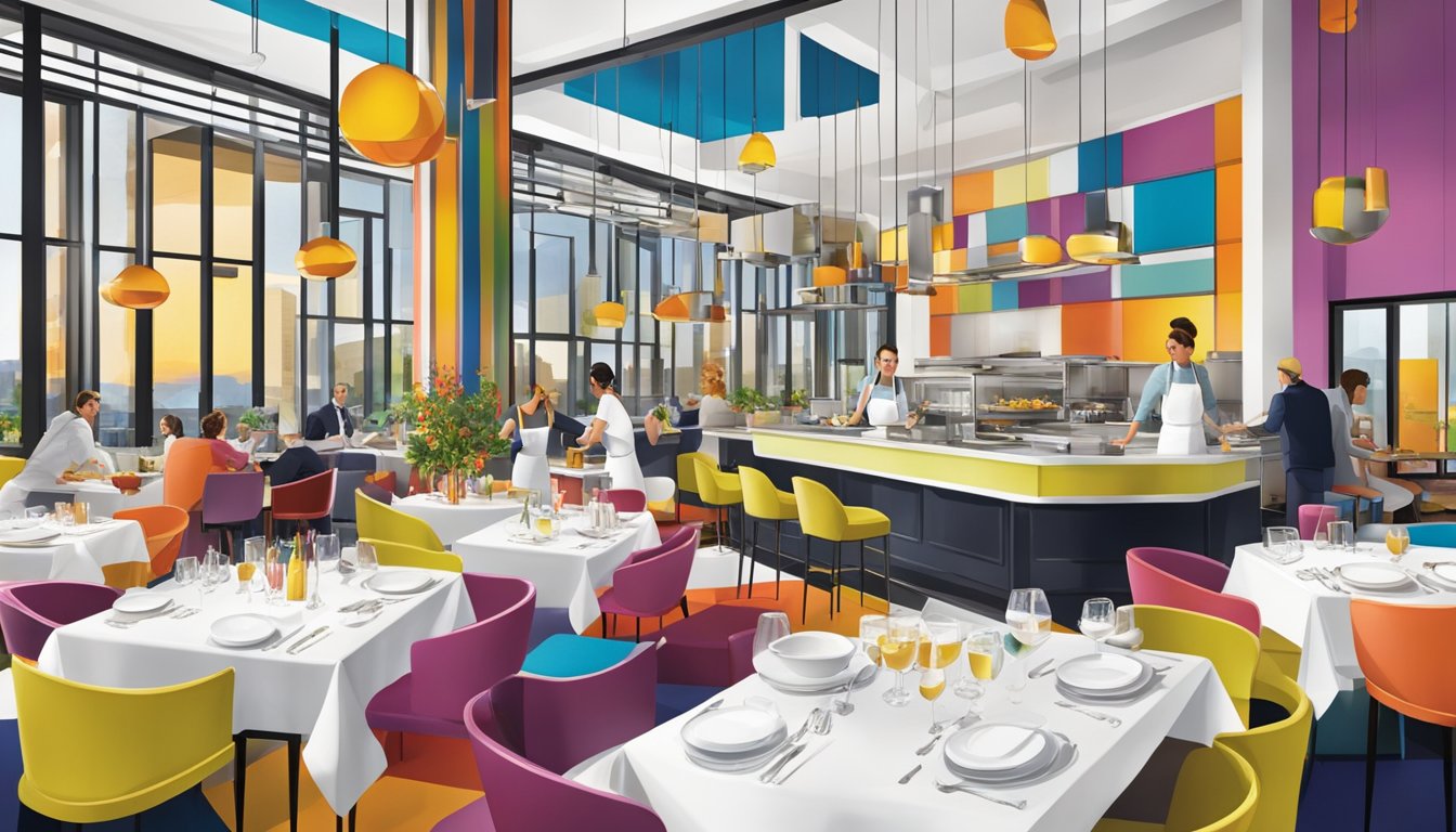 A vibrant, modern restaurant at Mondrian hotel, with sleek decor, colorful dishes, and bustling chefs creating a lively culinary experience