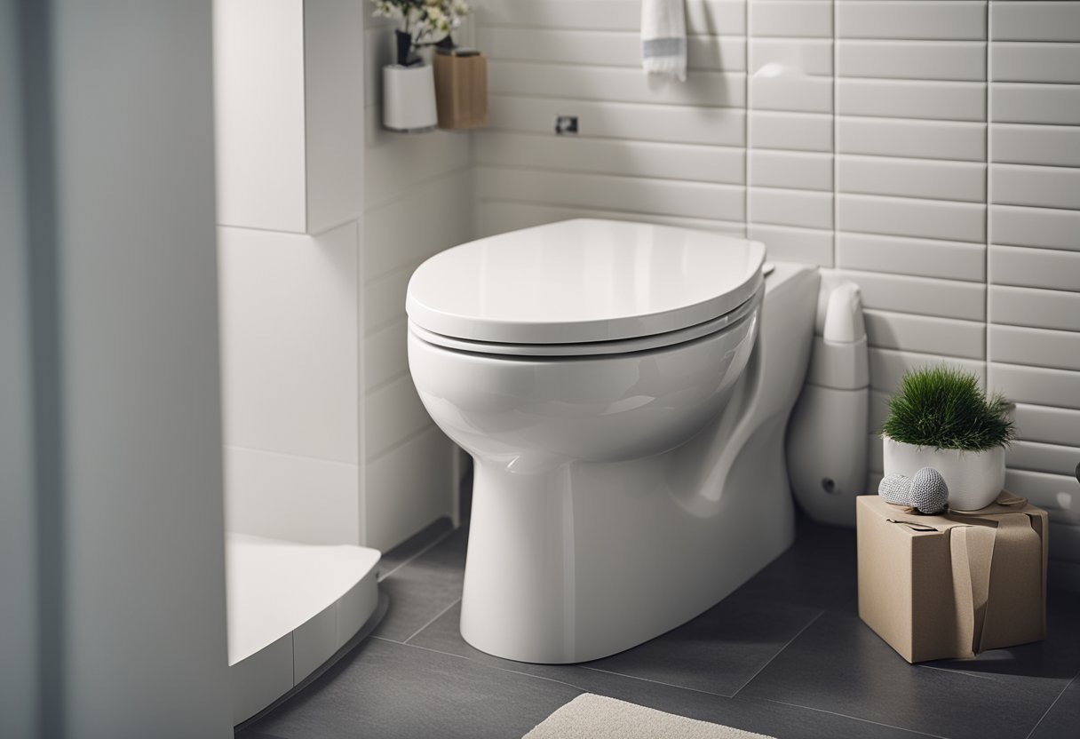 A person selects from two toilet renovation packages, surrounded by samples and design options