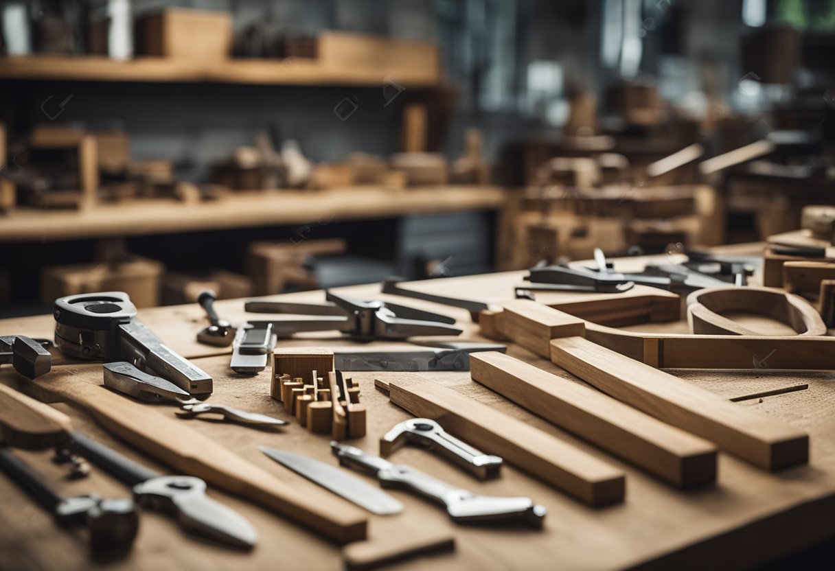 Various carpentry tools neatly arranged on a workbench in a well-lit workshop in Singapore