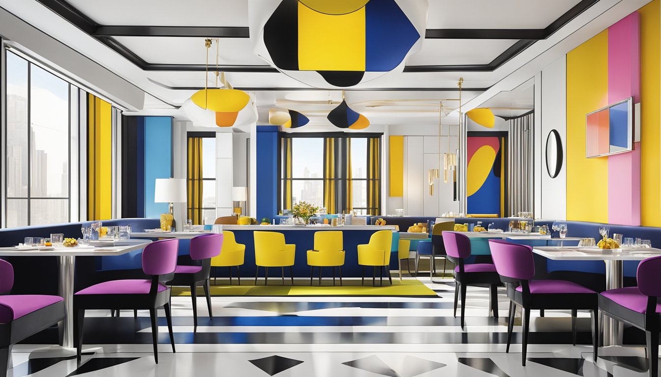 Vibrant colors and geometric shapes dominate the Mondrian hotel restaurant, with sleek, modern furnishings creating a chic and stylish atmosphere