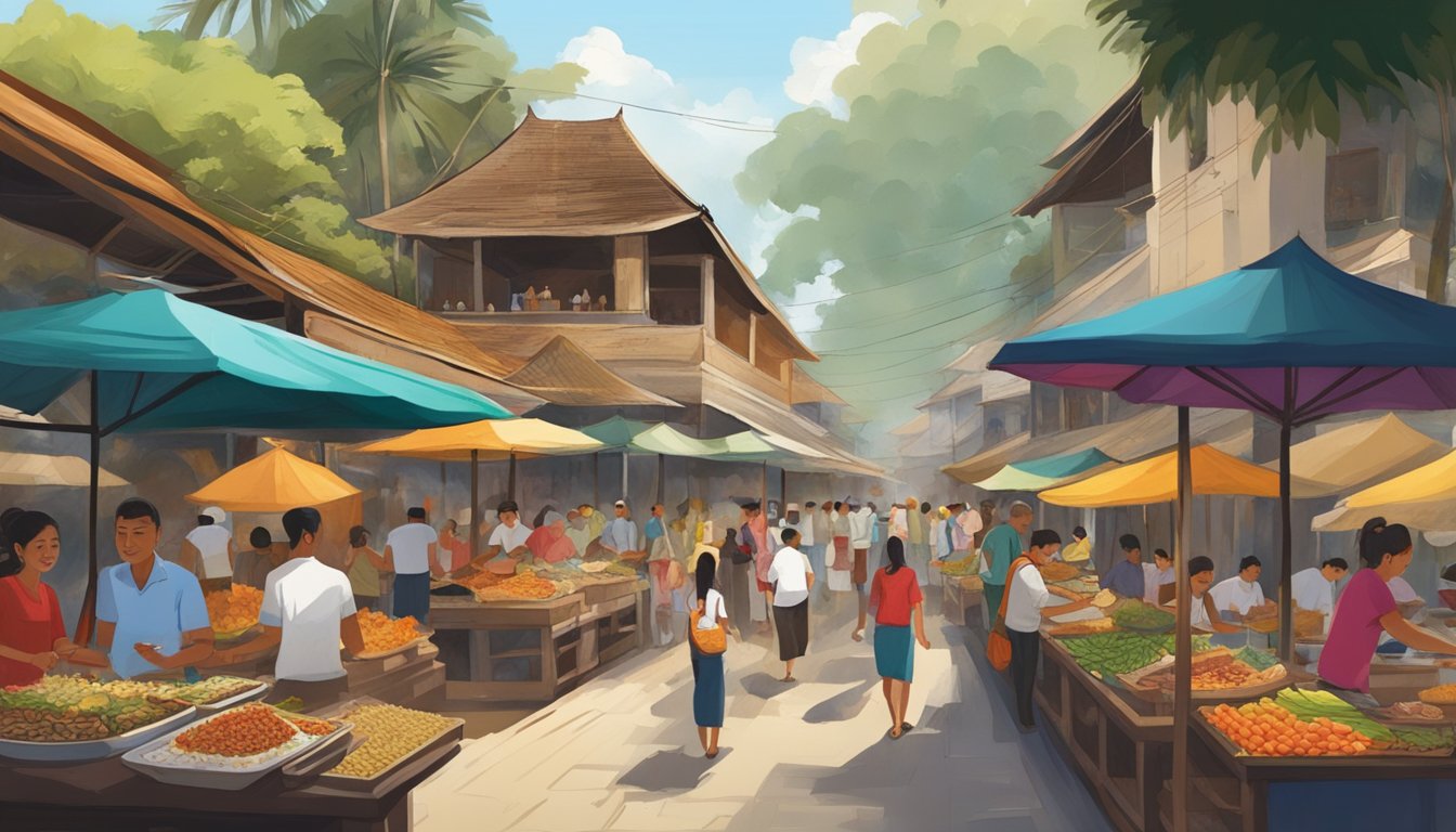 Ubud's bustling market, filled with vibrant colors and exotic aromas, as locals and tourists sample a variety of traditional Balinese dishes at open-air restaurants
