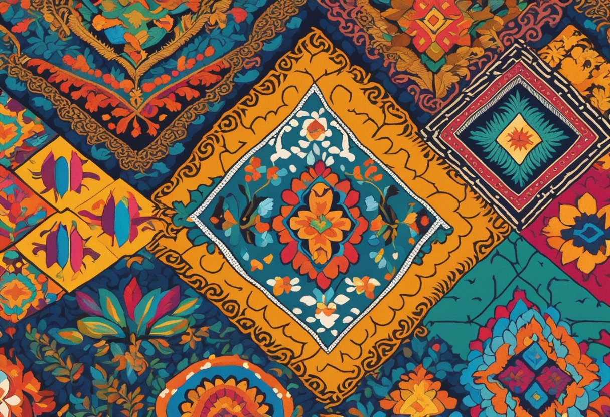 A colorful array of traditional Uzbek textiles and patterns, arranged in a vibrant and dynamic display