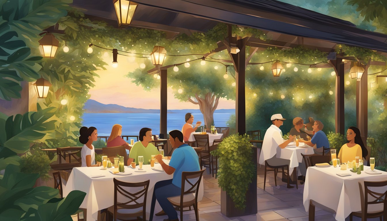 Customers enjoy outdoor dining at Limoncello restaurant, surrounded by lush greenery and twinkling lights. The cozy atmosphere invites relaxation and socializing