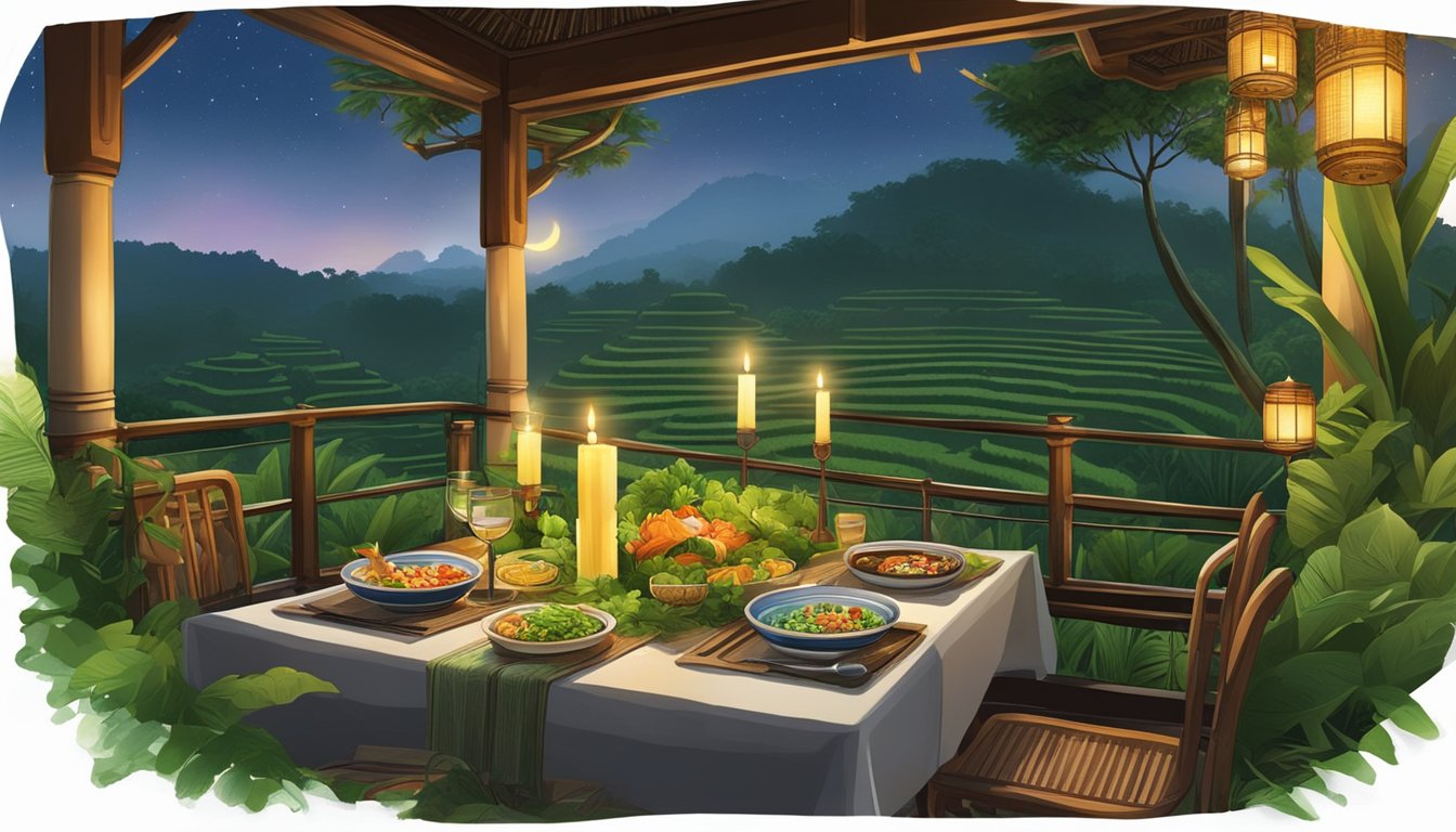 Lush greenery surrounds a candlelit table with traditional Balinese dishes and a view of rice terraces at an Ubud restaurant