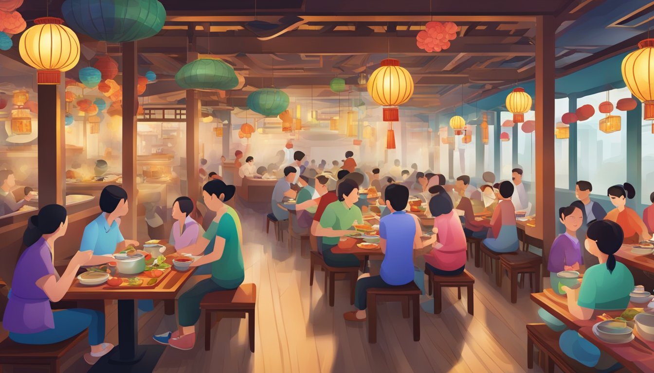 A bustling Chinese steamboat restaurant with colorful decor and a lively atmosphere. Steam rises from the hot pots as customers enjoy their meals