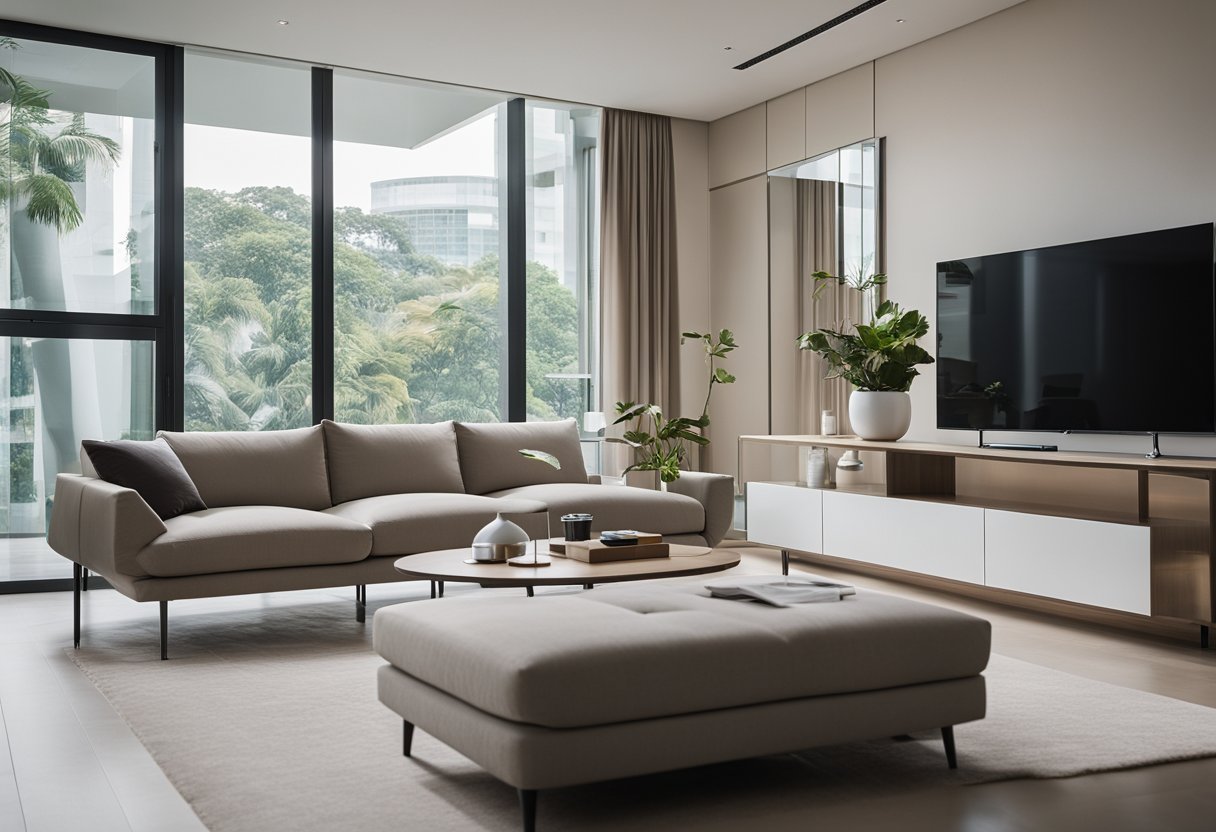 A modern, minimalist living room with sleek, Zenith furniture in Singapore. Clean lines, neutral colors, and a sense of calm and tranquility