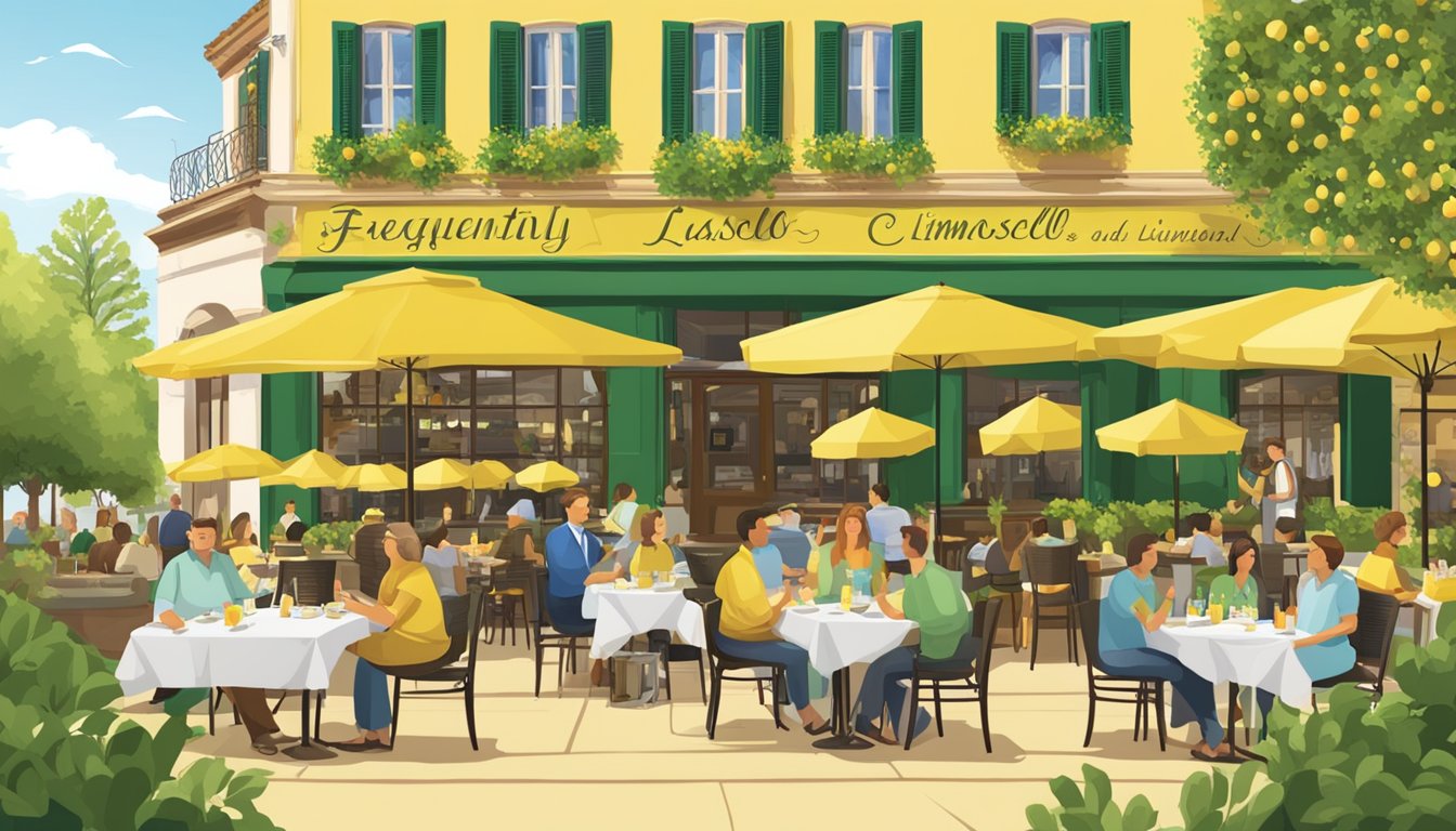 A bustling restaurant with a sign "Frequently Asked Questions limoncello" and outdoor seating. Customers enjoy Italian cuisine and savor glasses of limoncello