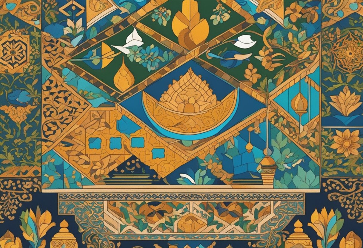 A colorful array of Uzbek symbols and patterns fill the page, representing the diversity and richness of Uzbek culture
