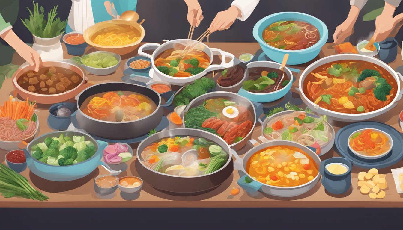 A table set with steaming hotpot, surrounded by colorful ingredients and condiments, with diners eagerly reaching for their favorite items