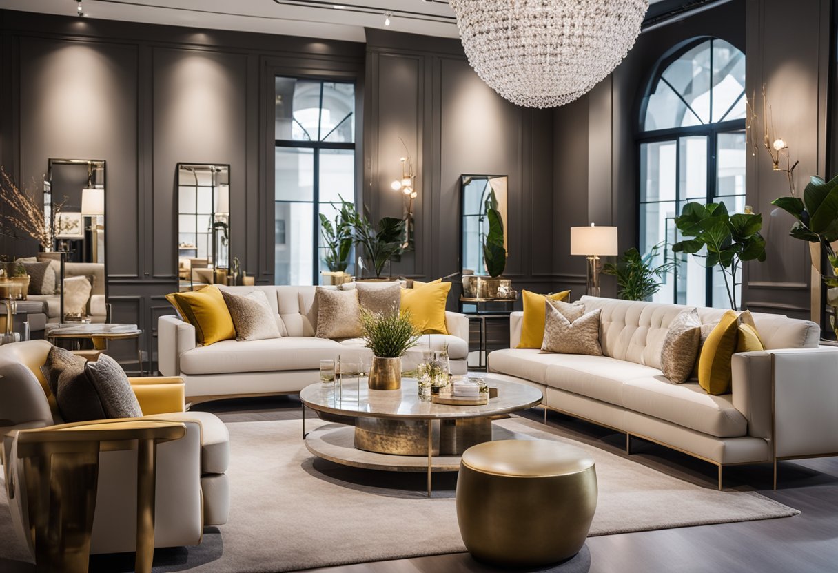 A showroom filled with modern and elegant furniture pieces, arranged in stylish settings. Bright lighting highlights the unique designs and luxurious materials