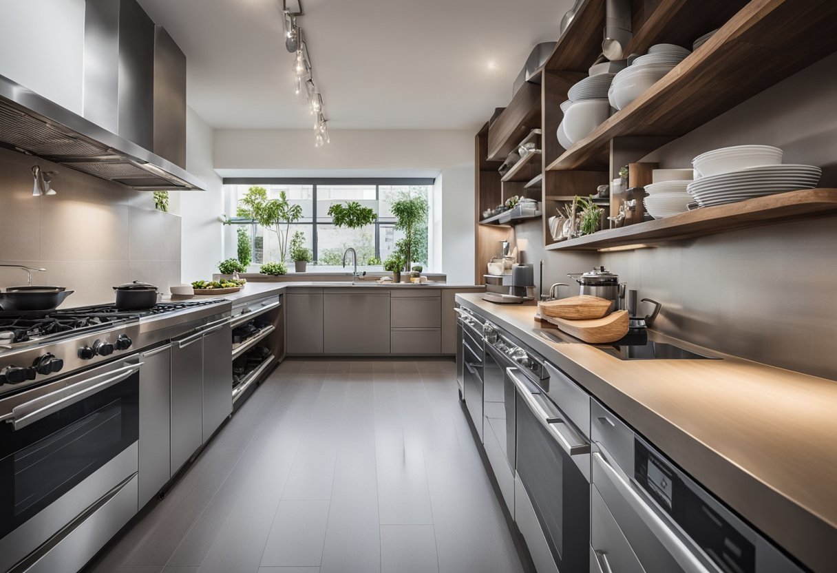 A spacious, well-organized kitchen with separate sections for prep, cooking, and cleaning. High-quality equipment, ample storage, and efficient workflow