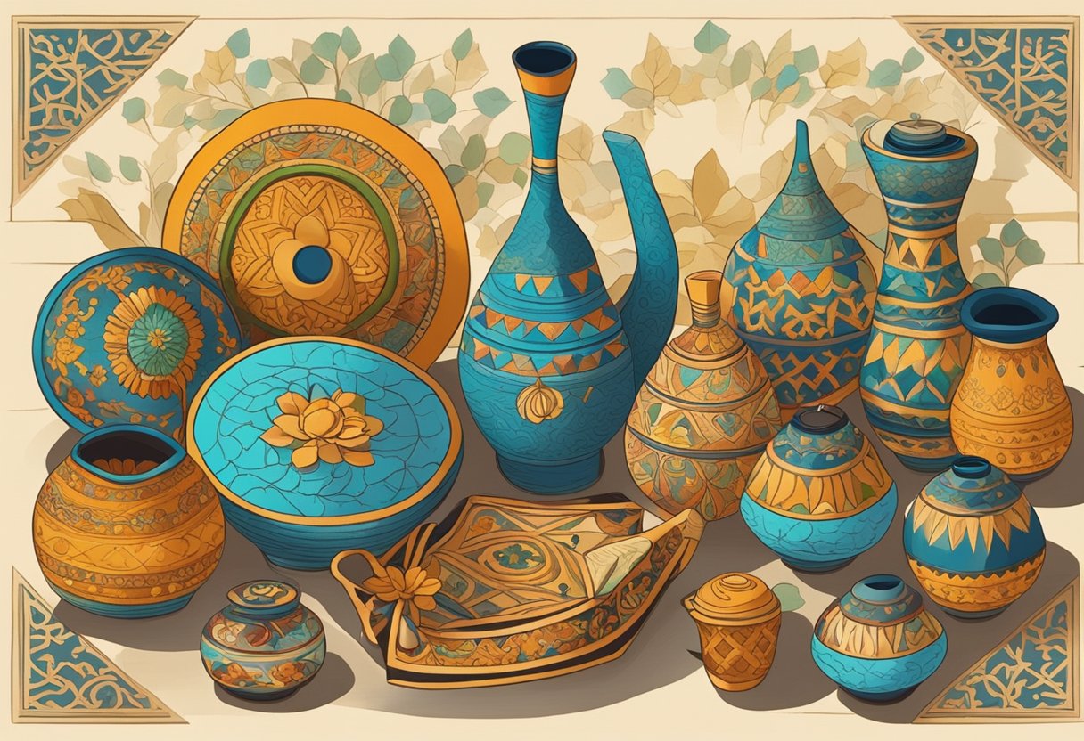 A colorful array of Uzbek cultural symbols and traditional items, like textiles, pottery, and musical instruments, surround a blank space for the perfect Uzbek baby name to be written