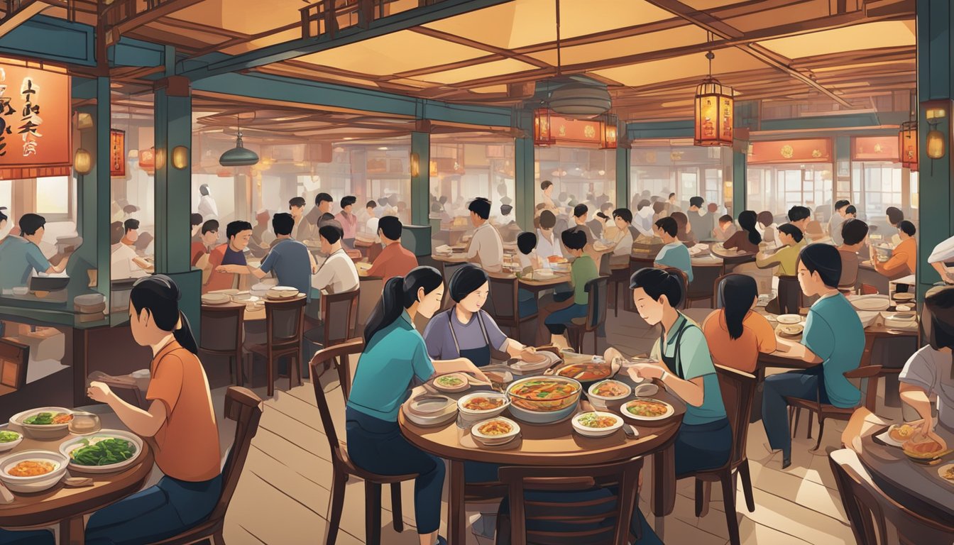A bustling Chinese steamboat restaurant with diners enjoying hot pot at their tables, while waitstaff move swiftly between the crowded aisles