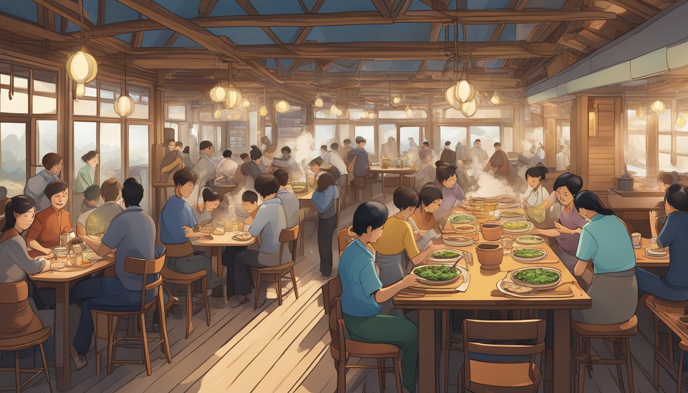 A bustling steamboat restaurant with customers enjoying hotpot and a lively atmosphere. Steam rises from the communal pots as waitstaff move around the tables