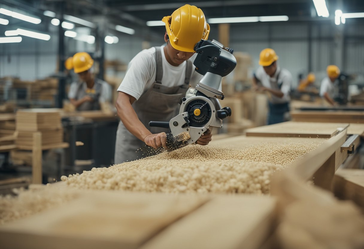 A carpentry factory in Singapore buzzes with activity as workers cut, shape, and assemble wood into furniture and fixtures. Machines hum and sawdust fills the air