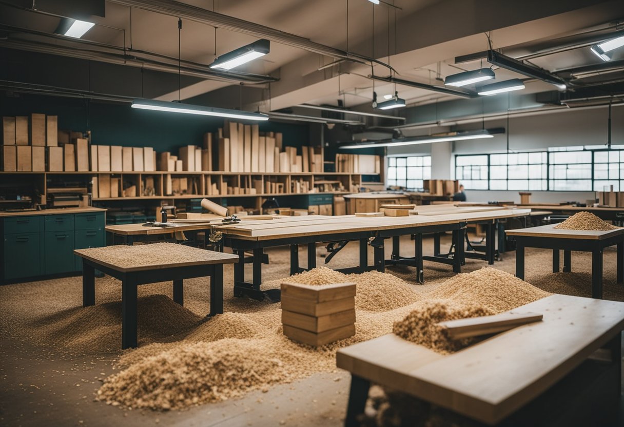 A carpentry workshop in Singapore hums with the sound of saws and hammers as students learn the craft. Wood shavings litter the floor, and the air is filled with the scent of freshly cut timber