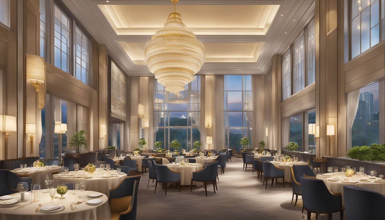 The elegant Mandarin Oriental Singapore restaurant features high ceilings, soft lighting, and luxurious decor, creating a sophisticated and inviting atmosphere