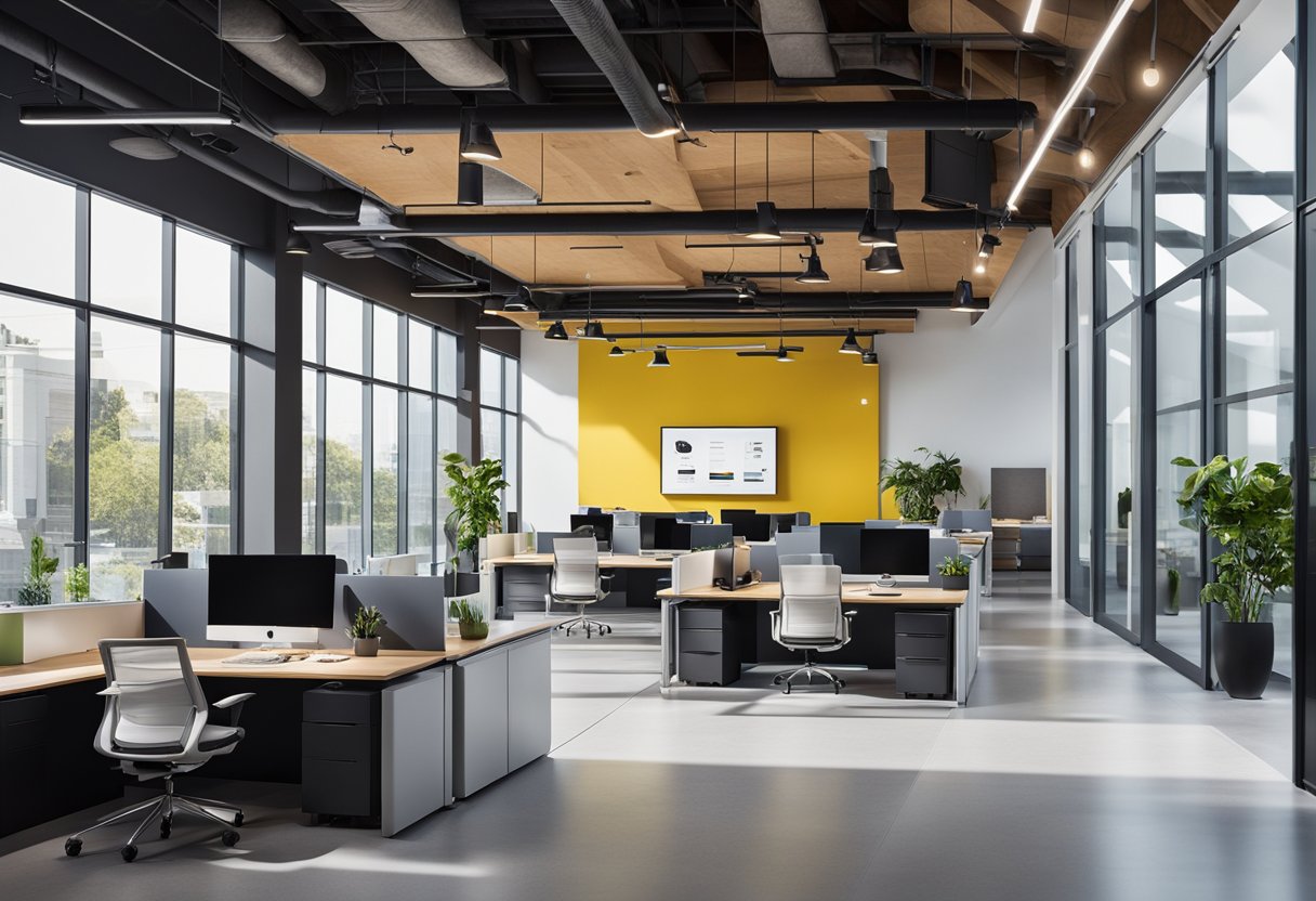 A modern, open-concept office space with vibrant colors, flexible workstations, and collaborative meeting areas. Natural light floods the room, highlighting the creative energy and innovative spirit of the agency