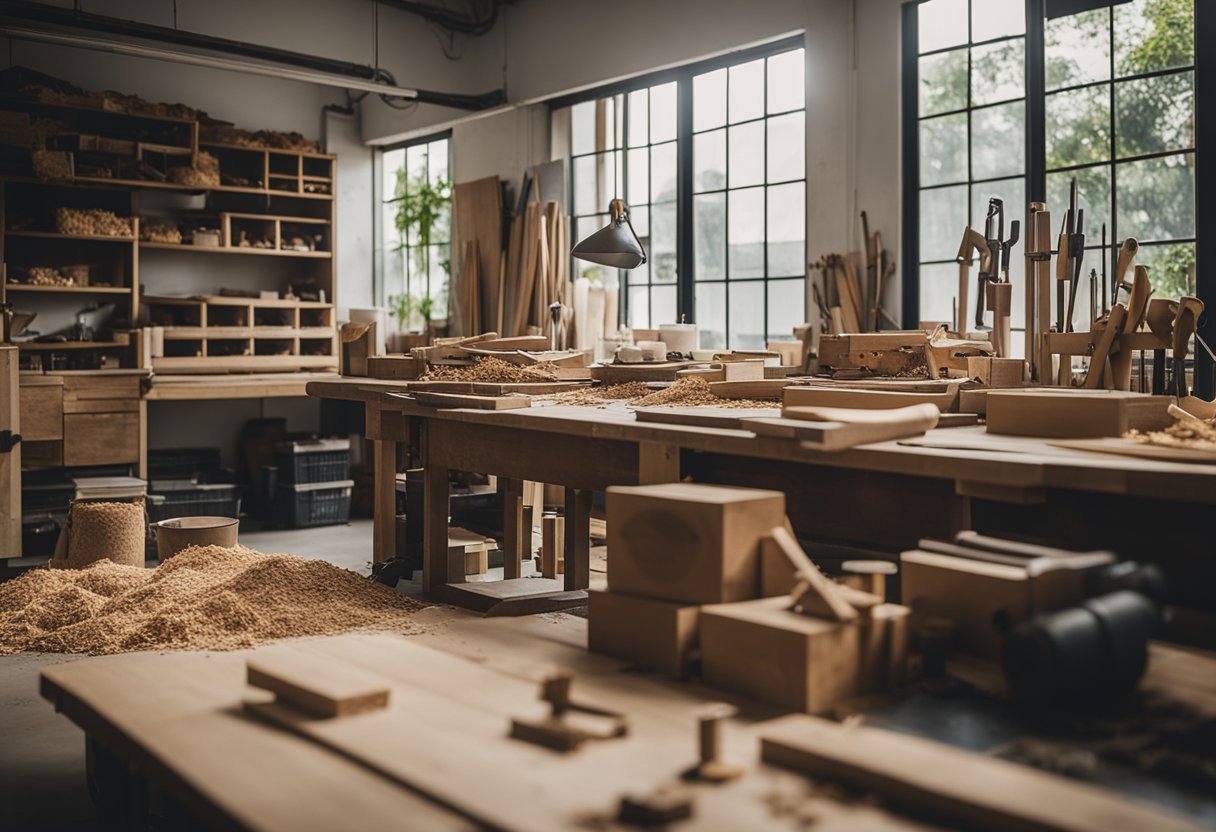 A carpentry workshop in Singapore, with tools neatly organized on a workbench, wood shavings scattered on the floor, and a large window letting in natural light