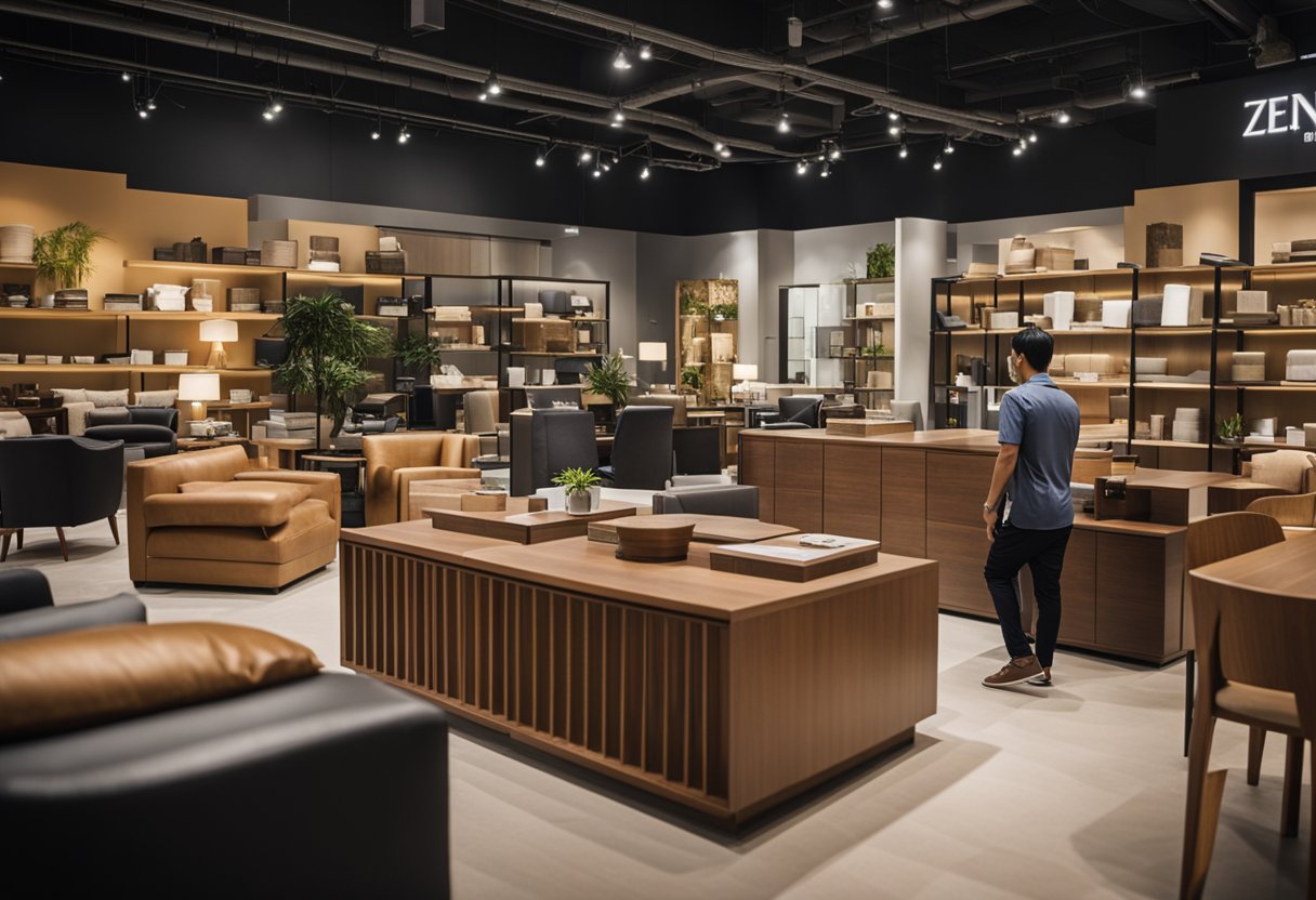 A customer browsing through a wide selection of furniture at Zenith Furniture Singapore, with staff assisting others in the background