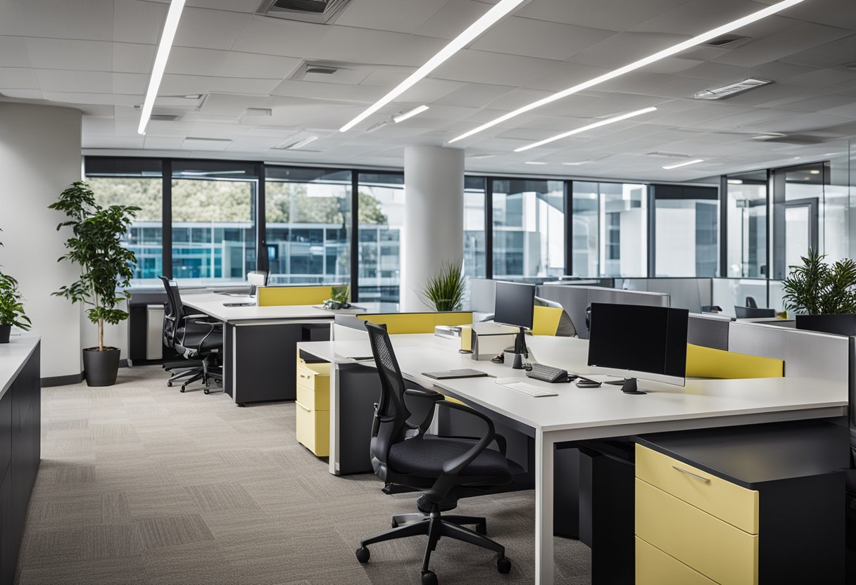 An open, modern office space with sleek furniture, vibrant colors, and artistic accents. Functional workstations blend seamlessly with aesthetic design elements, creating an inspiring and professional environment