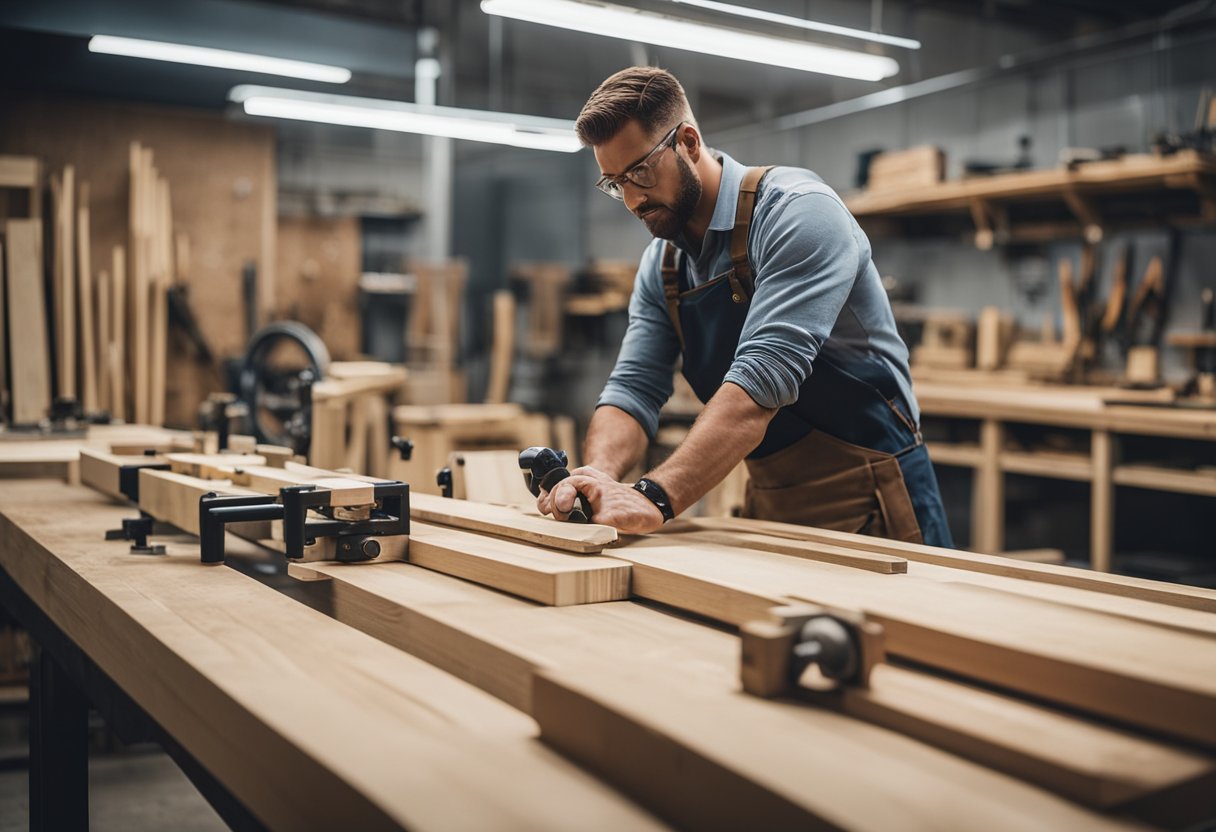 A carpentry workshop with various tools, wood planks, and instructors demonstrating advanced techniques