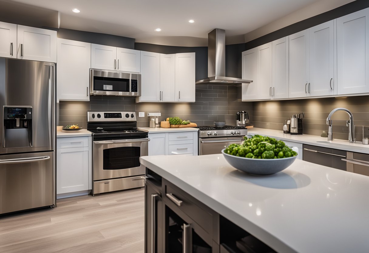 A spacious, well-organized kitchen with modern appliances and ample counter space. The layout includes separate stations for prep, cooking, and plating, with efficient workflow in mind