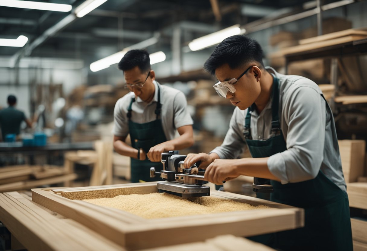 A bustling carpentry workshop in Singapore, with workers crafting custom furniture and cabinets. Machinery hums as sawdust fills the air