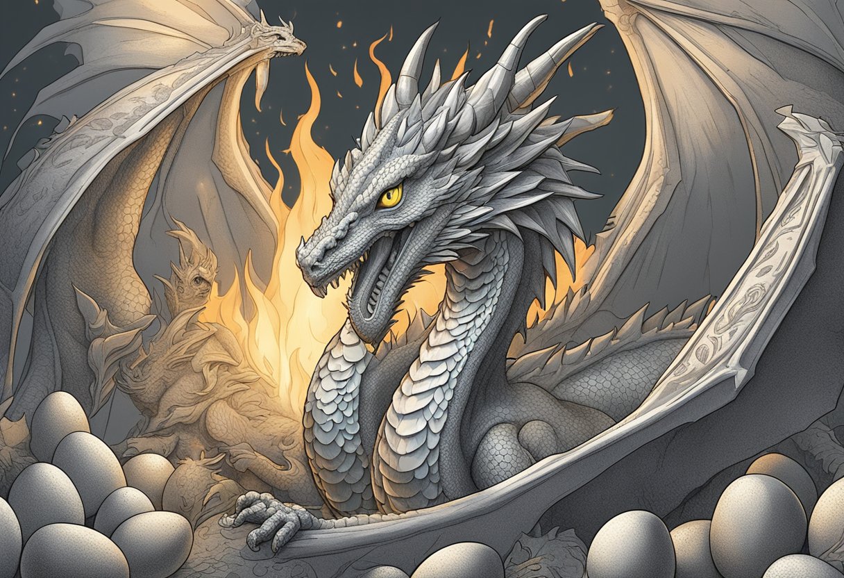 A dragon breathing fire, surrounded by eggs with names like Ember, Draco, and Seraphina written on them