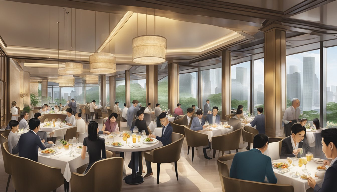 The bustling restaurant at Mandarin Oriental Singapore, with diners enjoying their meals and staff attending to their needs
