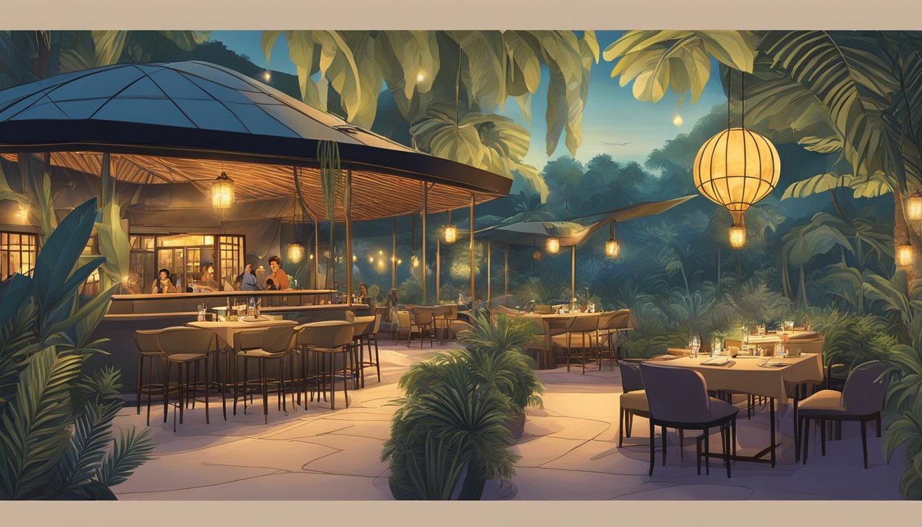 The night safari restaurant is illuminated by soft, ambient lighting, with exotic plants and animals surrounding the outdoor dining area. A sense of adventure and mystery fills the air as guests enjoy their meals under the starlit sky