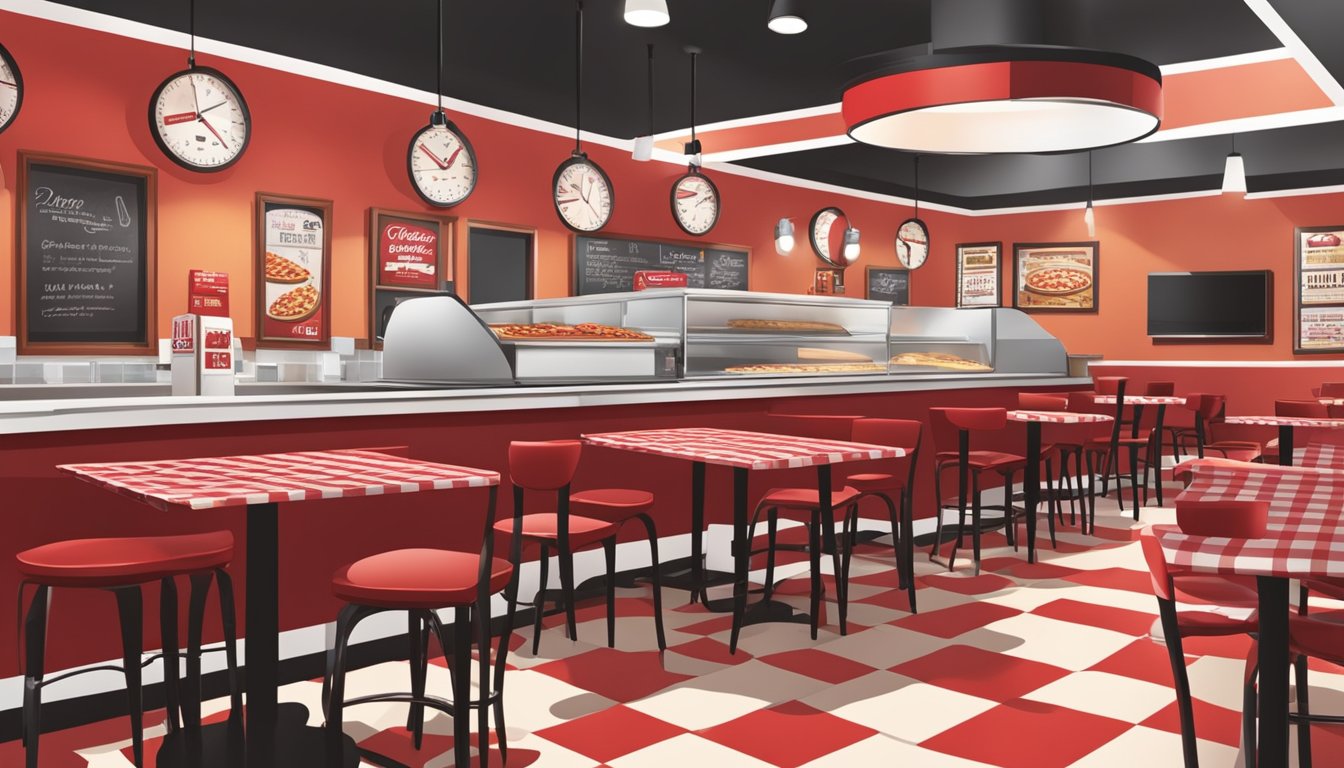 A bustling Pizza Hut restaurant with red and white checkered tablecloths, a counter lined with pizzas, and a warm, inviting atmosphere