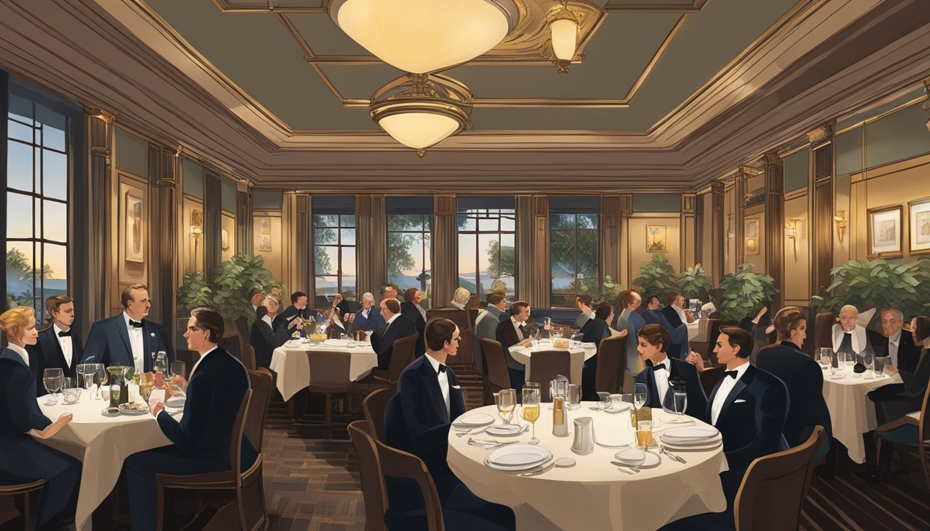 The bustling Maxwell Chambers restaurant, with elegant decor and dim lighting, filled with diners enjoying their meals