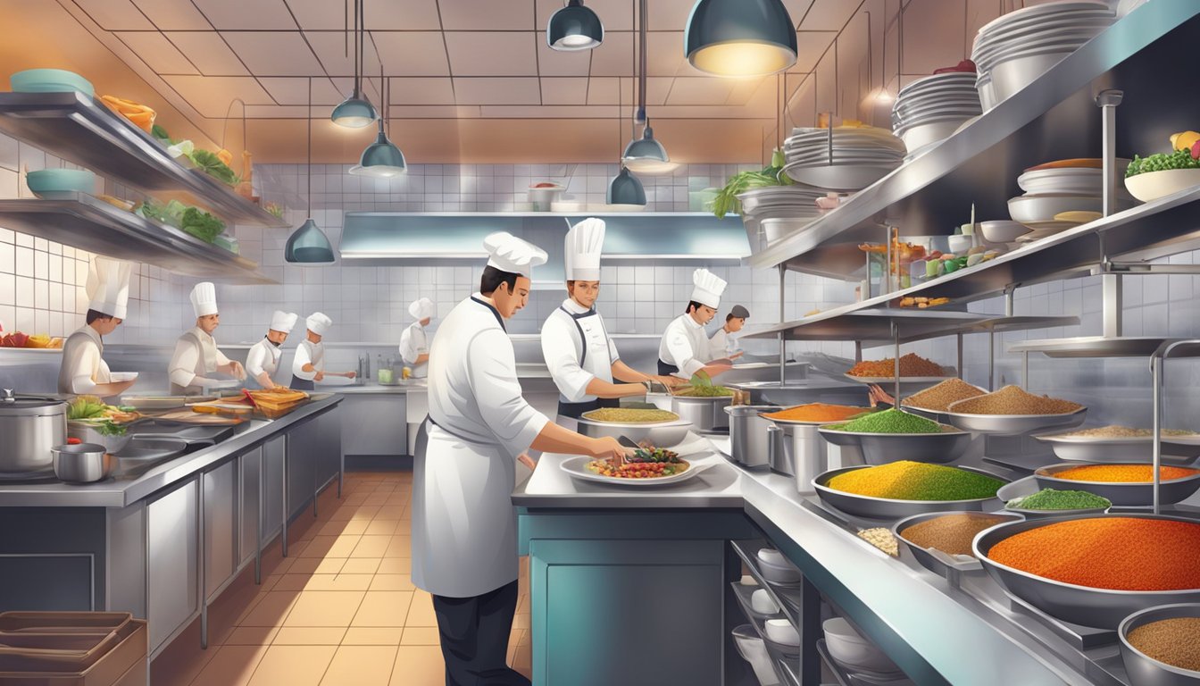 A bustling restaurant kitchen with chefs cooking and plating exquisite dishes, surrounded by shelves of colorful spices and fresh ingredients