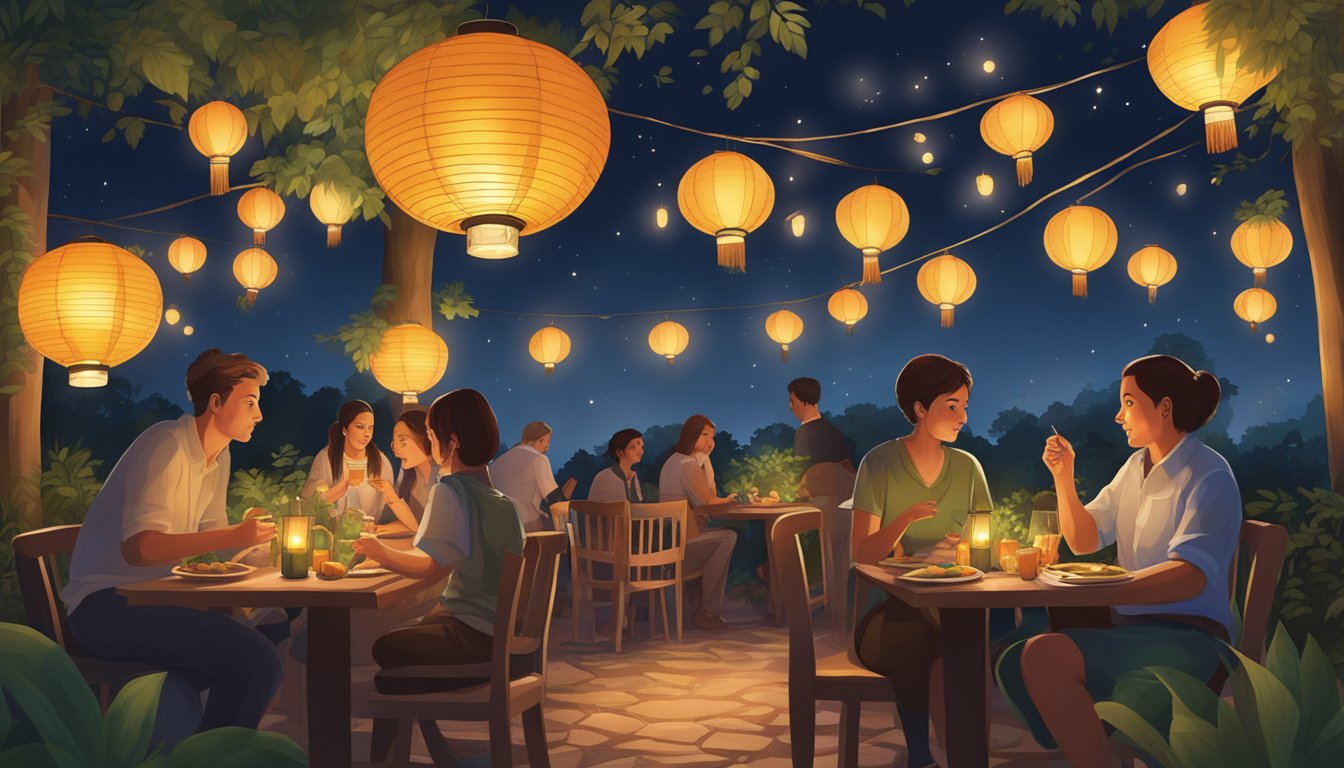 Visitors dine under the soft glow of lanterns, surrounded by lush foliage and the sounds of nocturnal animals