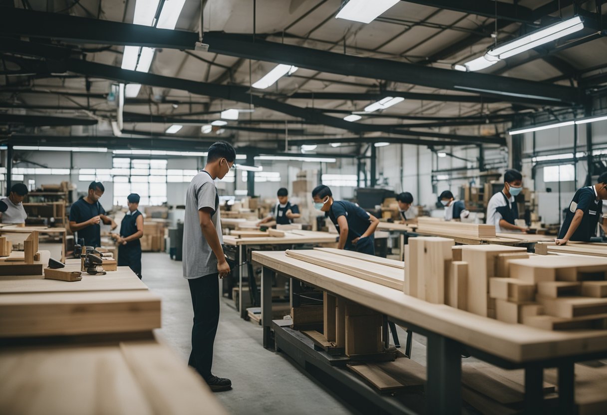 A carpentry workshop with workers crafting furniture and signage in a bustling factory setting in Singapore