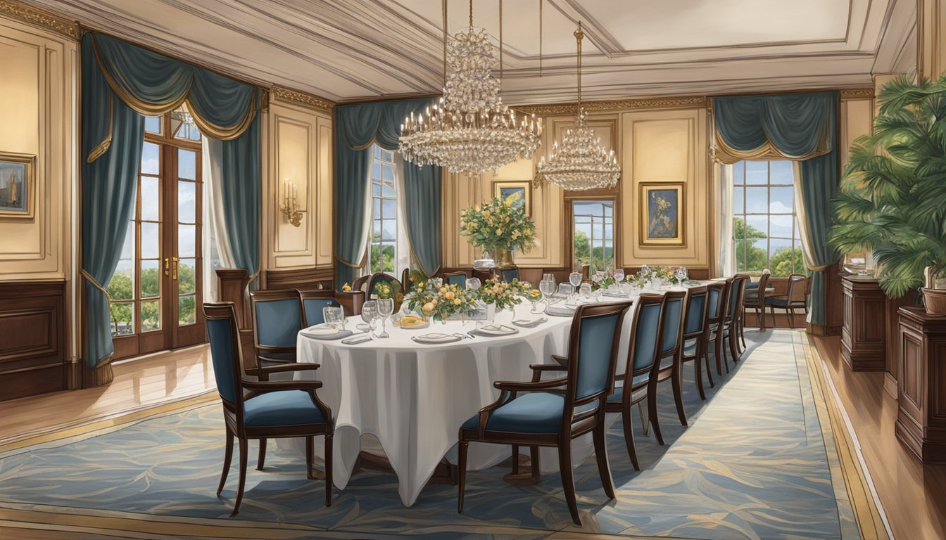 The elegant dining room at Maxwell Chambers restaurant features luxurious amenities and impeccable service