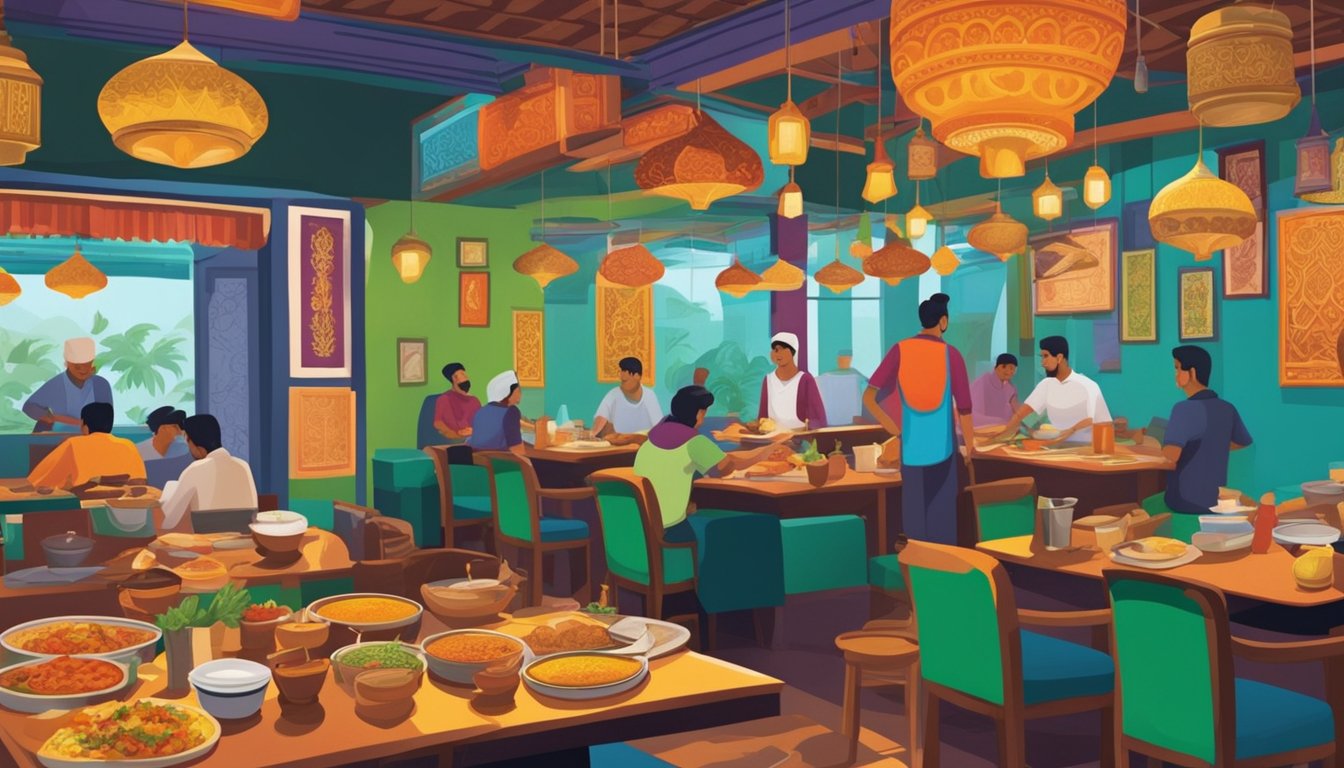 A bustling Pakistani restaurant in Singapore, filled with the aroma of spicy curries and sizzling kebabs. Vibrant colors adorn the walls, and the sound of sizzling pans fills the air