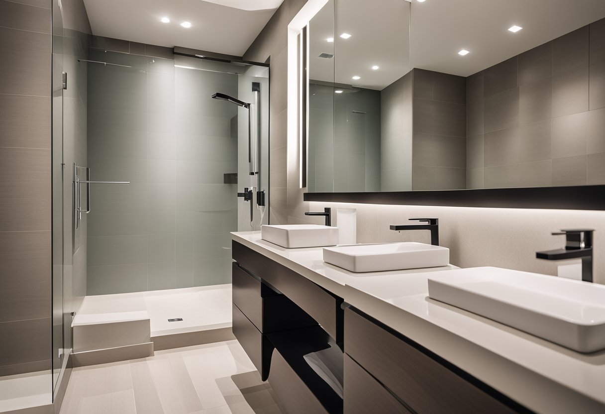 A bathroom with modern fixtures and tiles, a new toilet, and a sleek vanity. Bright lighting and clean lines give a fresh, updated look
