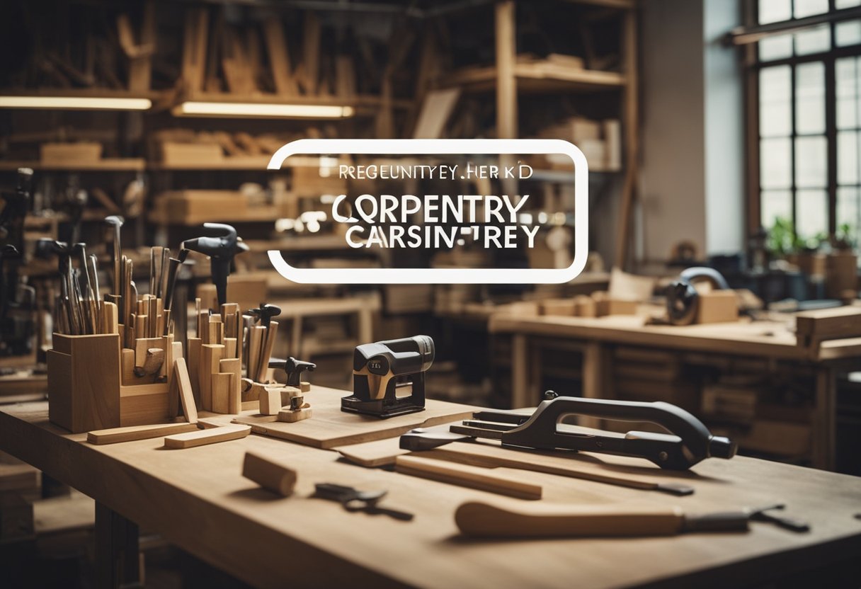 A carpentry workshop with tools, wood, and a sign reading "Frequently Asked Questions learn carpentry singapore."