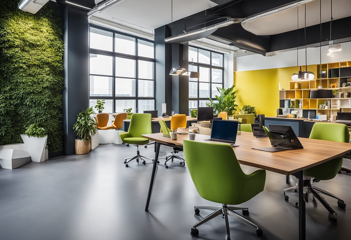 The advertising agency office interior features modern furniture, vibrant colors, and creative wall art, creating an energetic and inspiring work environment