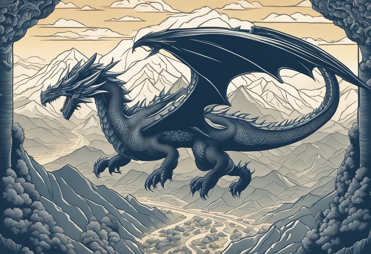 Dragons soar above a mountain range, breathing fire and casting shadows on the land below