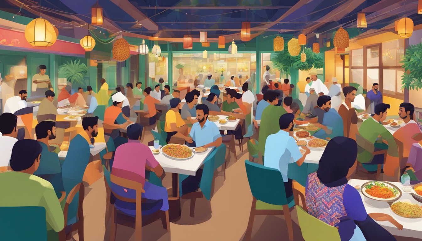 A bustling Pakistani restaurant in Singapore, with colorful decor, aromatic spices, and a diverse crowd enjoying traditional dishes