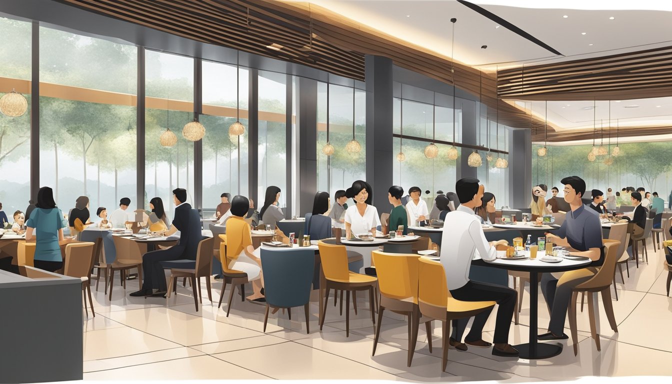 The bustling restaurant at OCBC Centre is filled with patrons enjoying their meals and lively conversations. The sleek interior design and modern furnishings create a chic and inviting atmosphere