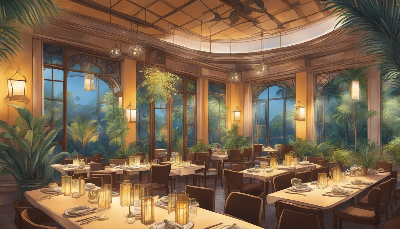 The restaurant is illuminated by warm, ambient lighting, with exotic plants and animals creating a unique atmosphere. The tables are set with elegant tableware, and the scent of sizzling, savory dishes fills the air