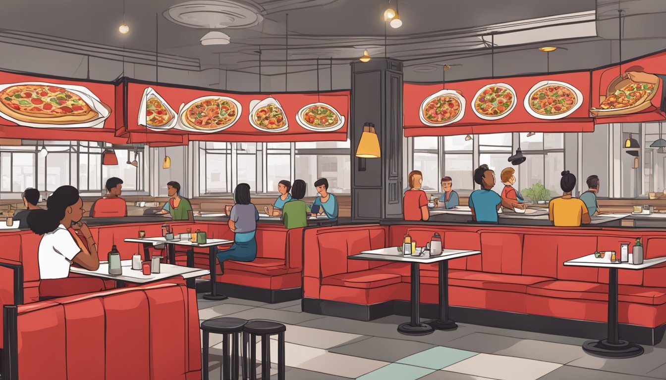 Customers sit at red booths, enjoying pizza and drinks. Servers move between tables, carrying steaming pizzas. The open kitchen bustles with activity