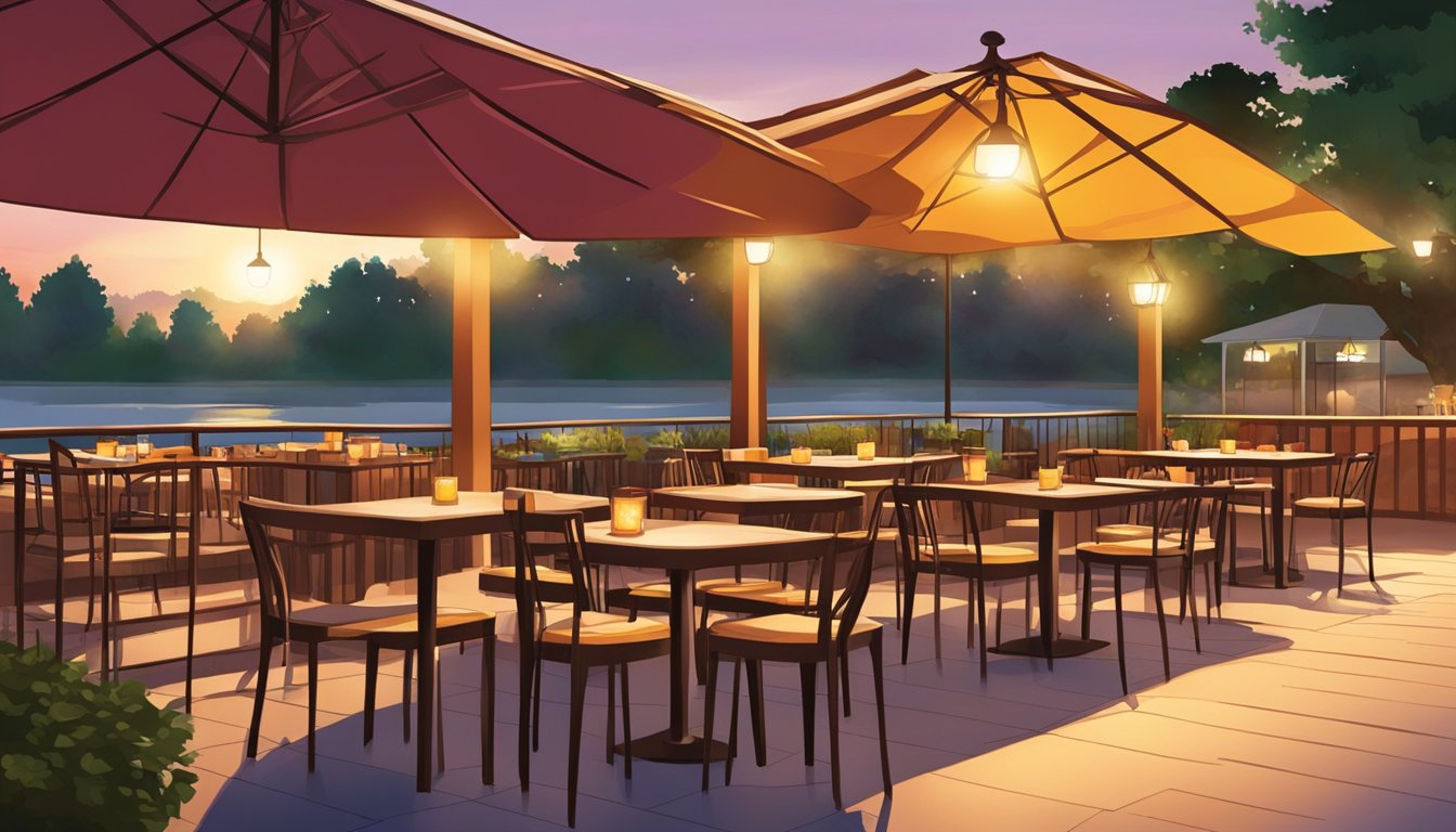 The sun sets behind the West Mall restaurant, casting a warm glow on the outdoor seating area. The aroma of sizzling food fills the air as diners enjoy their meals under the evening sky