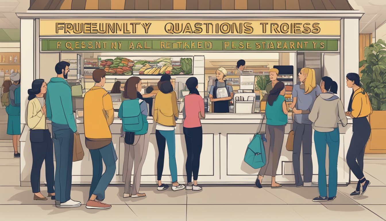 Customers line up at the entrance of a bustling West Mall restaurant, while a sign prominently displays "Frequently Asked Questions" above the counter