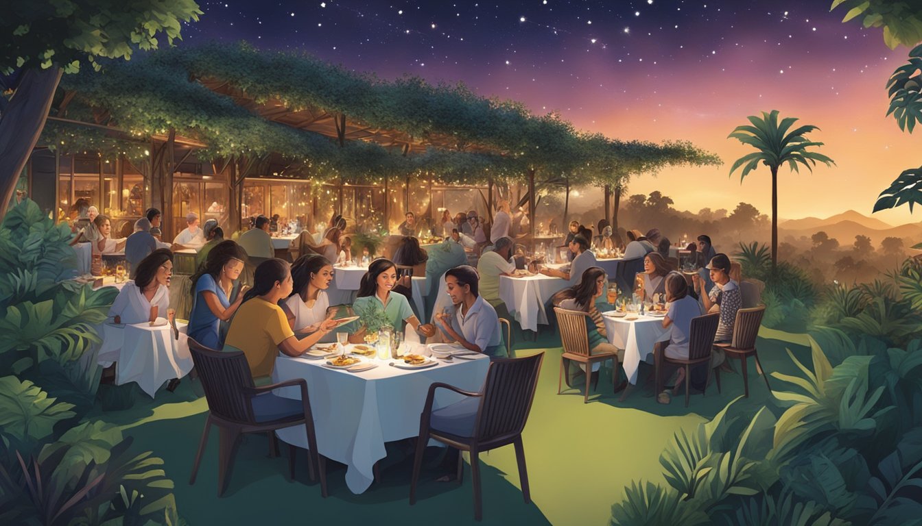 Guests dining under the stars, surrounded by lush greenery and the sounds of nocturnal animals at the Frequently Asked Questions night safari restaurant