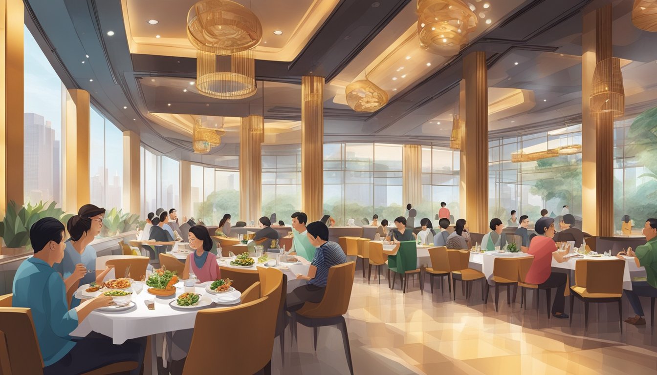 Customers savoring diverse cuisines at the bustling OCBC Centre restaurant, surrounded by elegant decor and vibrant atmosphere